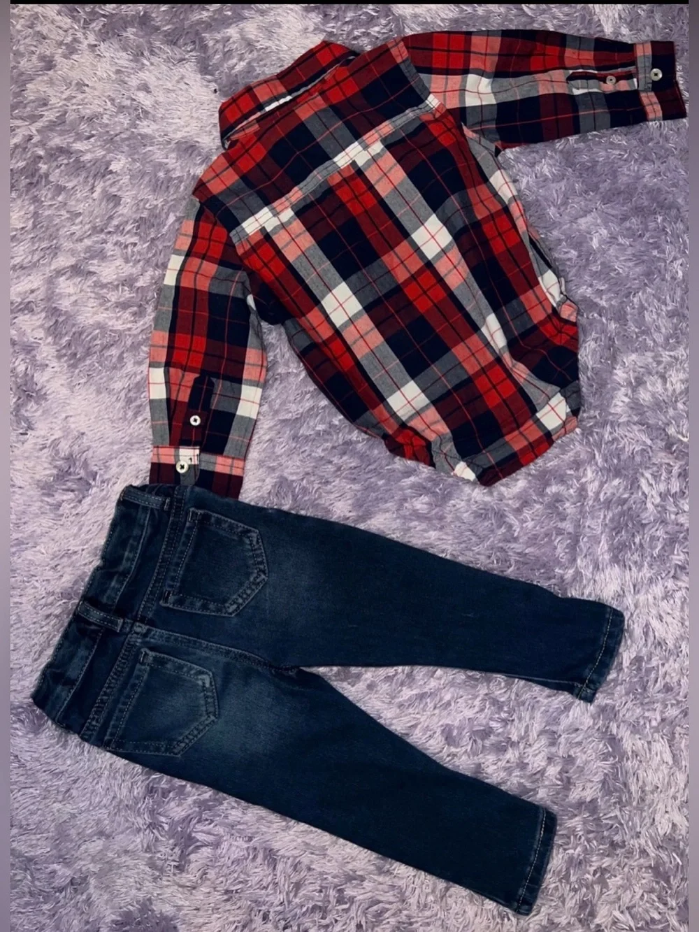 Cat & Jack Red Navy White Plaid Button-Up Onesie with Dark Denim Jeans 18M